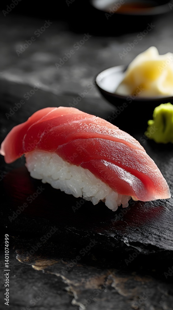 Minimalist Food Art: A Single Sushi Roll on a Black Slate Plate