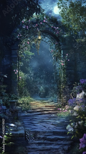 An ornate archway leads to a mysterious garden pathway at night