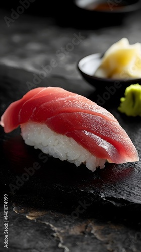 Obraz na płótnie Minimalist Food Art: A Single Sushi Roll on a Black Slate Plate w salonie