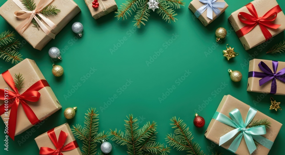 Fototapeta premium Christmas gifts with green background.