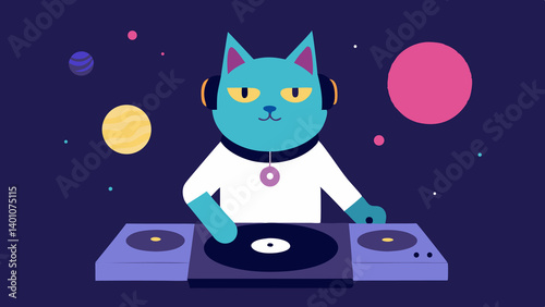 Cat DJ Spinning at a Cosmic Rave