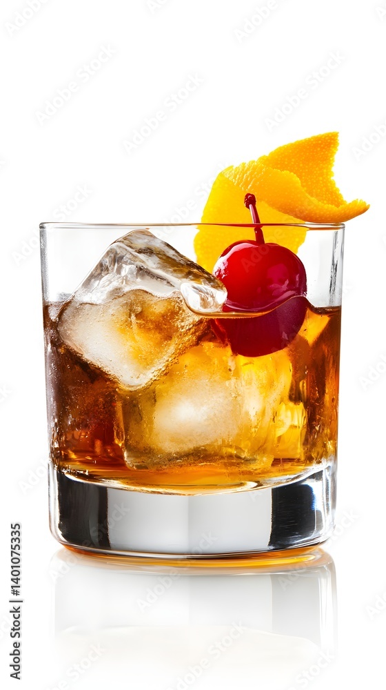 Old Fashioned Cocktail with Orange Peel and Ice on White Background
