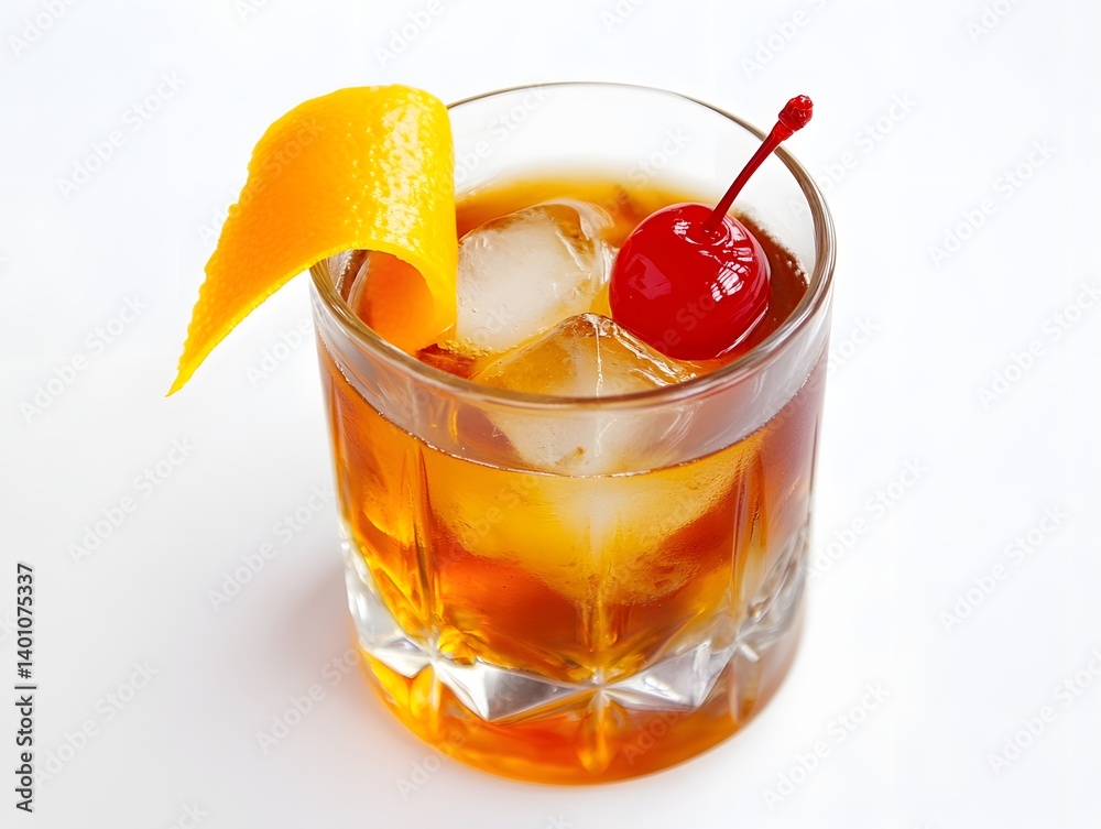 Old Fashioned Cocktail with Orange Peel and Ice on White Background