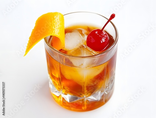 Obraz na płótnie Old Fashioned Cocktail with Orange Peel and Ice on White Background w salonie
