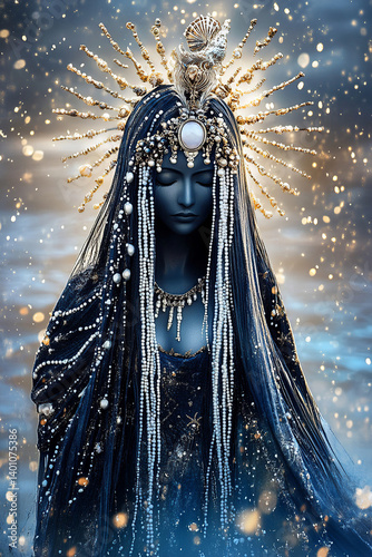 An artistic and mystical photograph of Yemanja, the orisha of the sea, depicted as a celestial goddess emerging from the depths of the ocean. Her face is hidden by a veil of white beads and pearls, re
