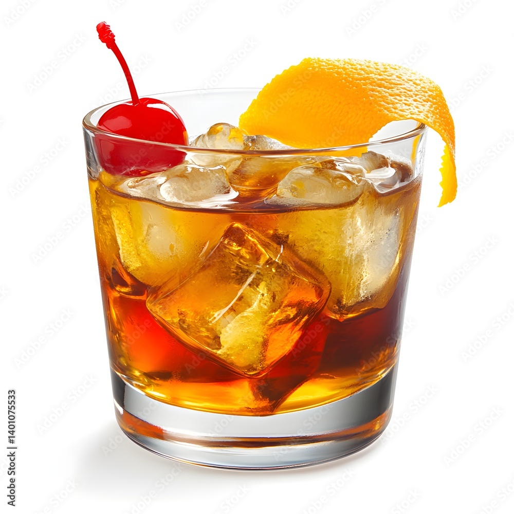 Old Fashioned Cocktail with Orange Peel and Ice on White Background