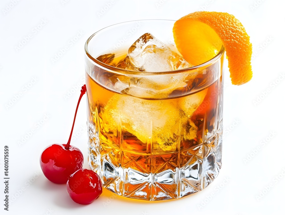 Old Fashioned Cocktail with Orange Peel and Ice on White Background