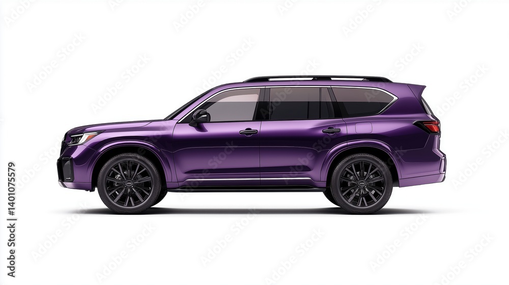A full side profile of a modern purple metallic SUV A full side profile of a modern purple metallic SUV