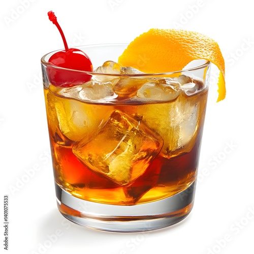 Obraz na płótnie Old Fashioned Cocktail with Orange Peel and Ice on White Background w salonie
