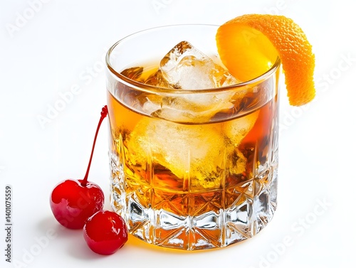 Obraz na płótnie Old Fashioned Cocktail with Orange Peel and Ice on White Background w salonie