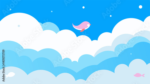 Ocean of Clouds An ocean made entirely of soft white clouds that stretch out into the distance with whimsical waves curling like cotton candy. Small colorful fish swim through the