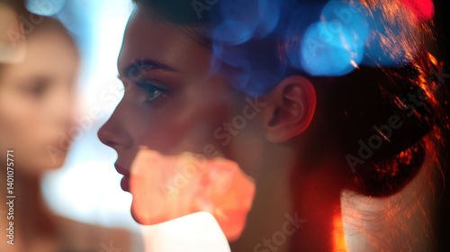 A portrait of a woman in profile with blurred lights