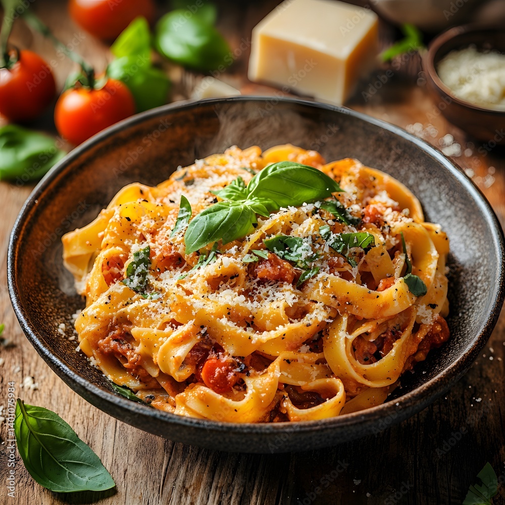 Rustic Italian Pasta: Homemade Tagliatelle with Fresh Basil and Parmesan