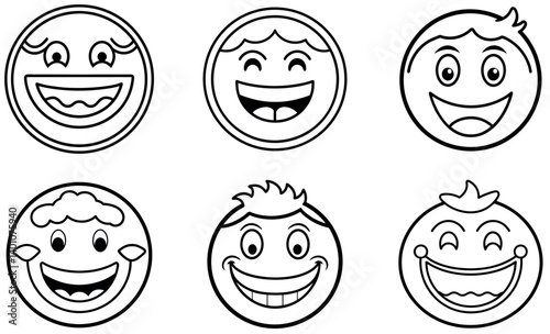 Collection of happy cartoon faces in black and white