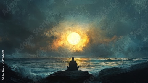 A lone figure meditating on a rock by the ocean