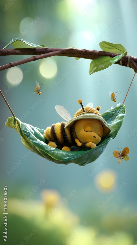 Sleepy 3D Cartoon Bee on a Leaf Hammock