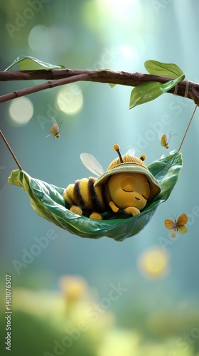 Sleepy 3D Cartoon Bee on a Leaf Hammock