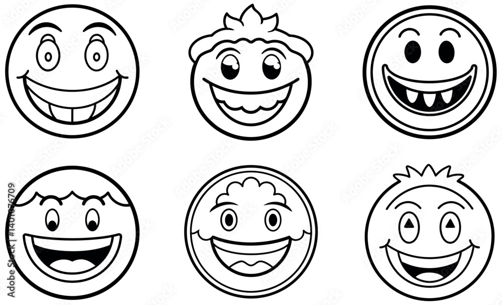 Collection of happy cartoon faces in black and white Collection of happy cartoon faces in black and white