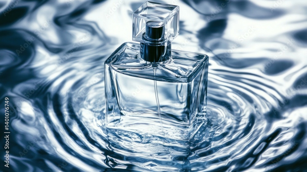 Clear perfume bottle resting in the shimmering liquid of water Clear perfume bottle resting in the shimmering liquid of water