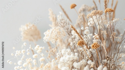 Delicate neutral-toned dried flowers captured in soft light. Great for home decor, calm mood, or seasonal autumn and wedding themes.

