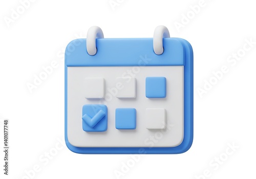 A 3d rendered blue and white calendar icon with a checkmark on a isolated on a white background.