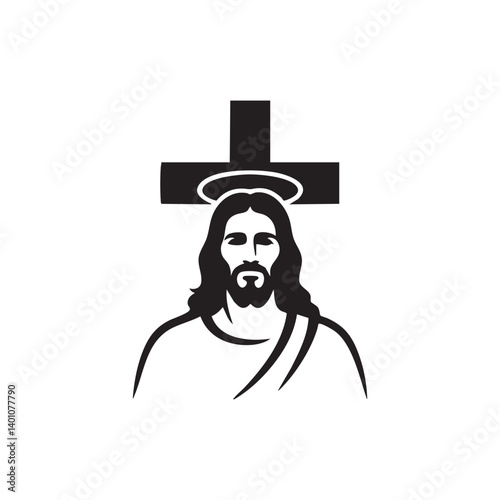 Jesus Christ Vector Silhouette With Cross And Halo Religious Symbol Illustration