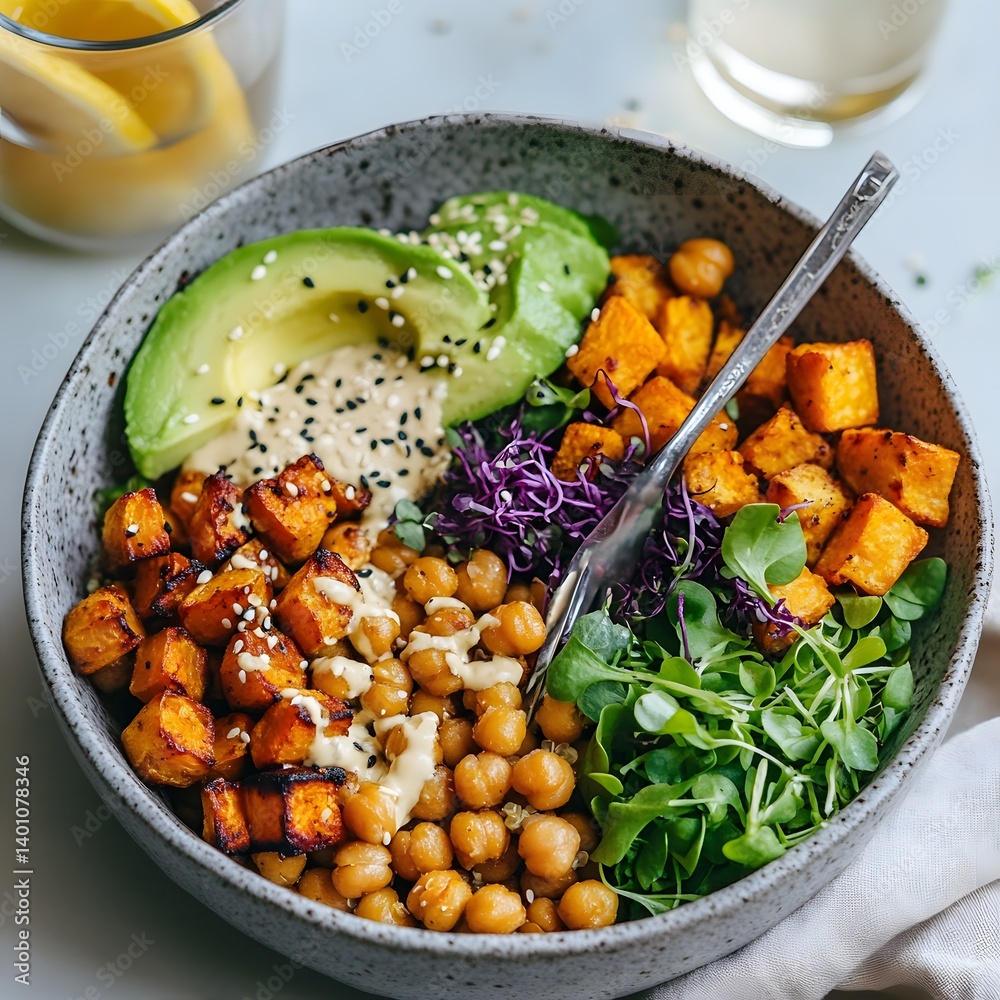 Vegan Buddha Bowl with Roasted Chickpeas, Avocado, and Quinoa