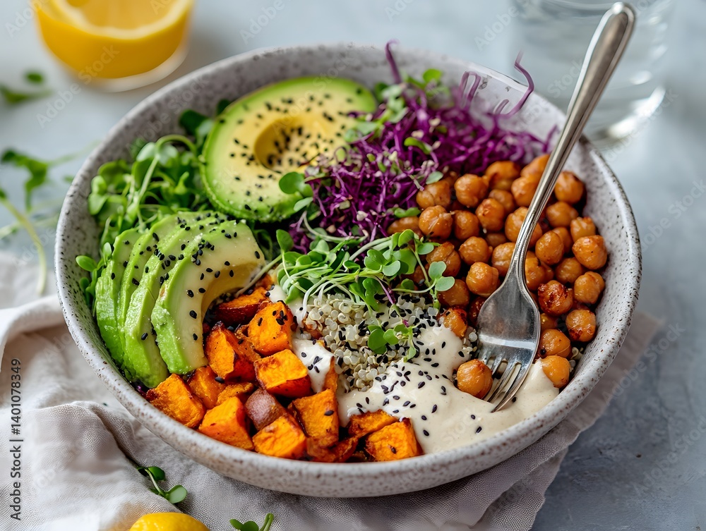Vegan Buddha Bowl with Roasted Chickpeas, Avocado, and Quinoa