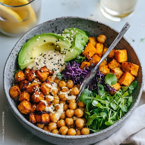 Obraz na płótnie Vegan Buddha Bowl with Roasted Chickpeas, Avocado, and Quinoa w salonie