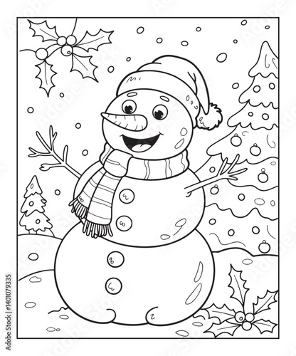 Christmas snowman coloring page for kids, black line art vector illustration on white background