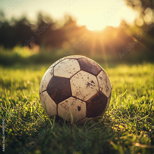 Worn Soccer Ball on Grassy Field at Sunrise