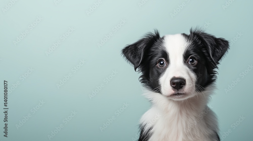 Cool looking border collie puppy isolated on light background. Copy space for text on the side. Cool looking border collie puppy isolated on light background. Copy space for text on the side.