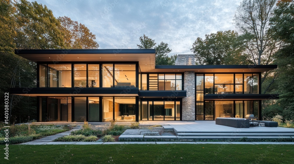 Modern luxurious residence displays architectural design and glass windows at dusk Modern luxurious residence displays architectural design and glass windows at dusk