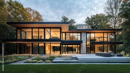 Modern luxurious residence displays architectural design and glass windows at dusk