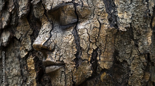 Blending of a face with textured tree bark, symbolizing human nature and growth