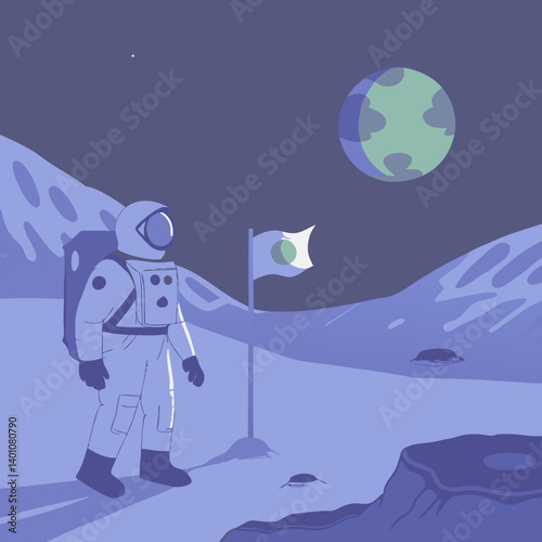 Astronaut standing on the moon planting a flag with Earth in view  