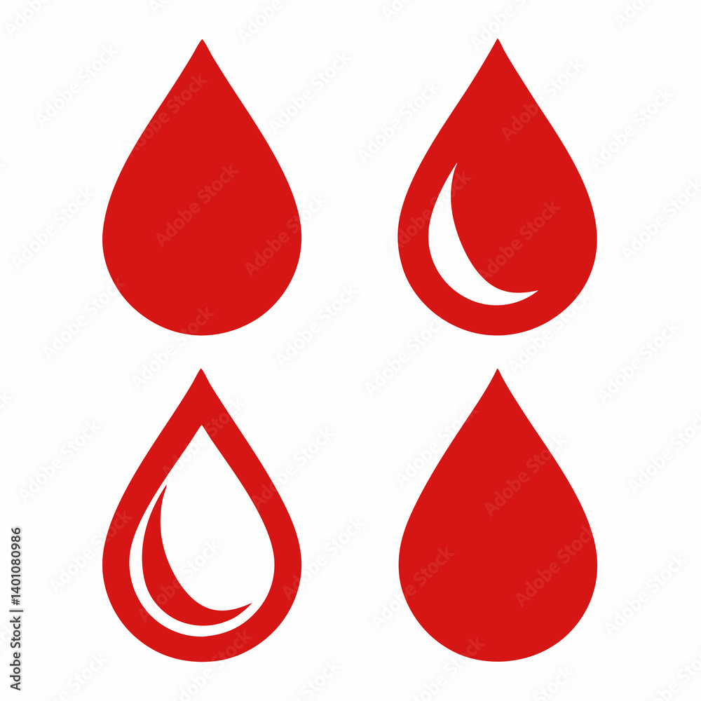 Red water droplets in various shapes and styles on white background Red water droplets in various shapes and styles on white background