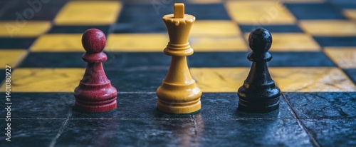 Three colorful chess pieces are positioned on the checkered board