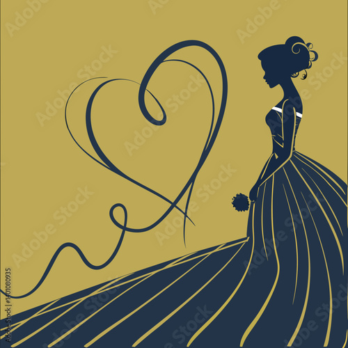 Elegant bride silhouette with heart and floral bouquet on gold background  