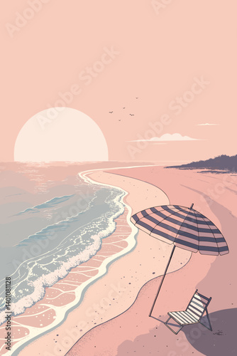 Vector poster of a serene beach scene with a sun umbrella and a deck chair by the shoreline at sunset