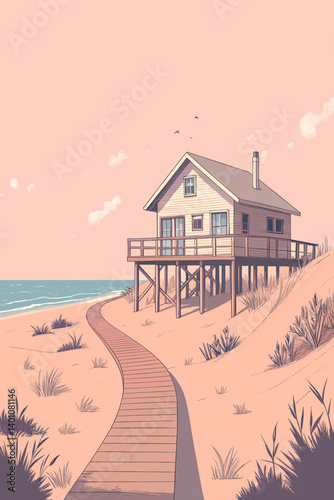Vector poster of a beach house on stilts with a wooden pathway leading to the shore

