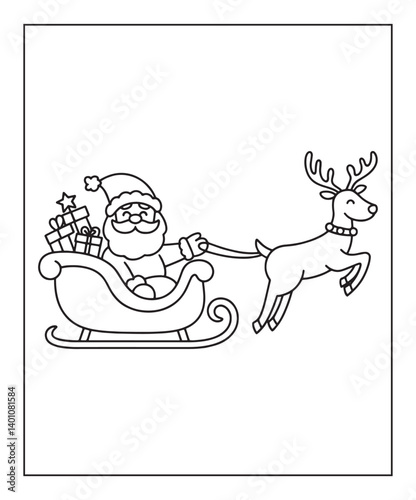 Santa claus on sleigh with reindeer christmas coloring page for kids, black line art vector illustration on white background 