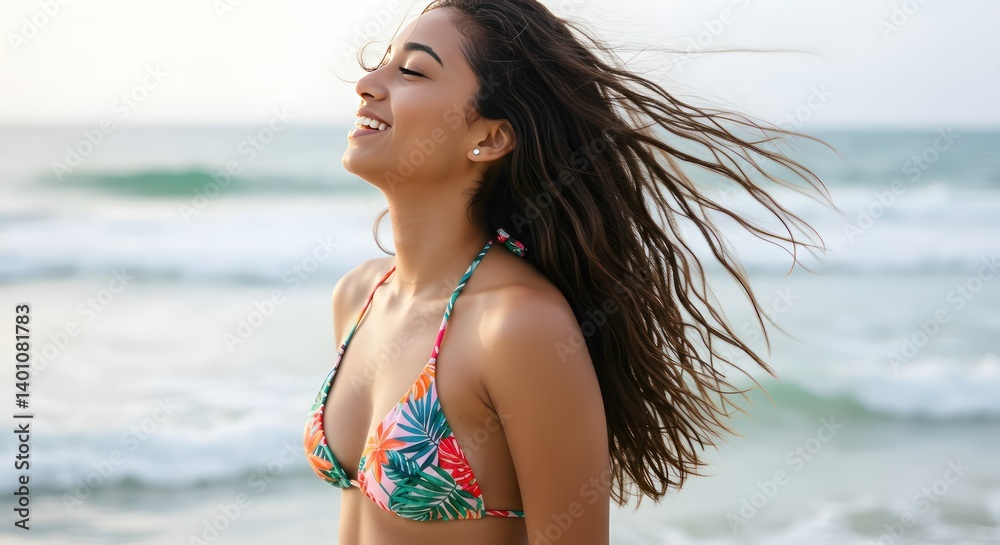 Happy woman beach with ocean breeze. Happy woman beach with ocean breeze.