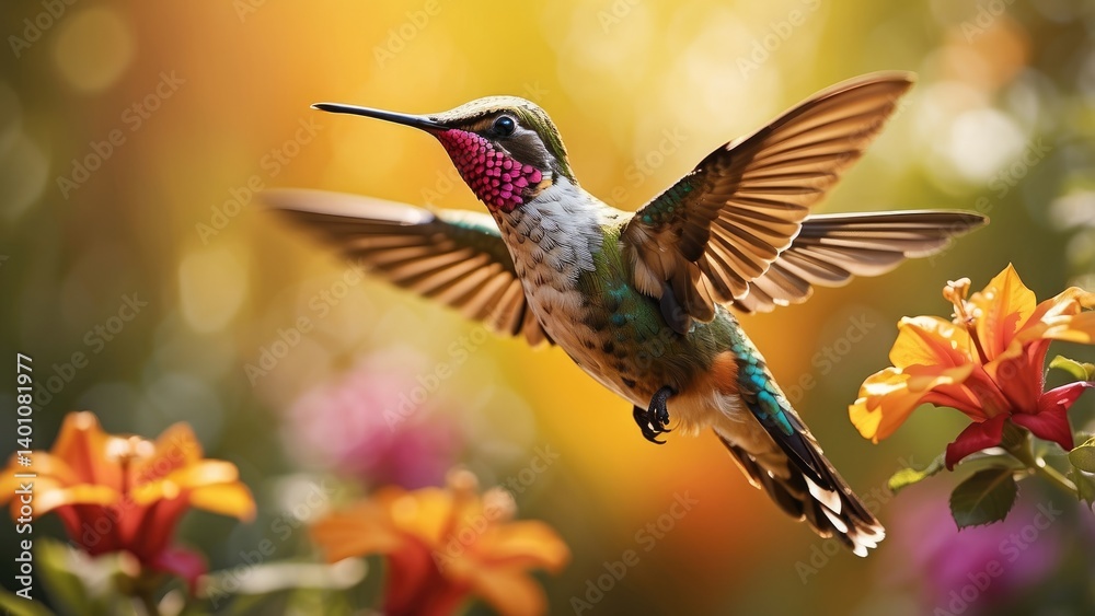 Fototapeta premium A vibrant hummingbird with iridescent blue and green feathers hovers mid-air