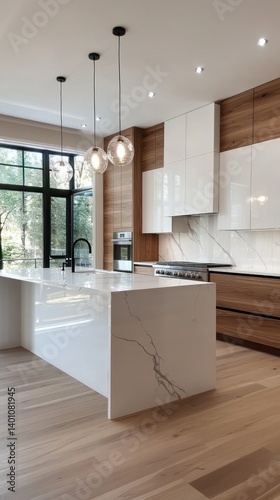 Modern open concept kitchen with a large island and windows