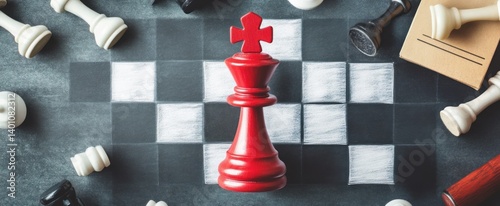 A bright red king chess piece dominates the game boards center square