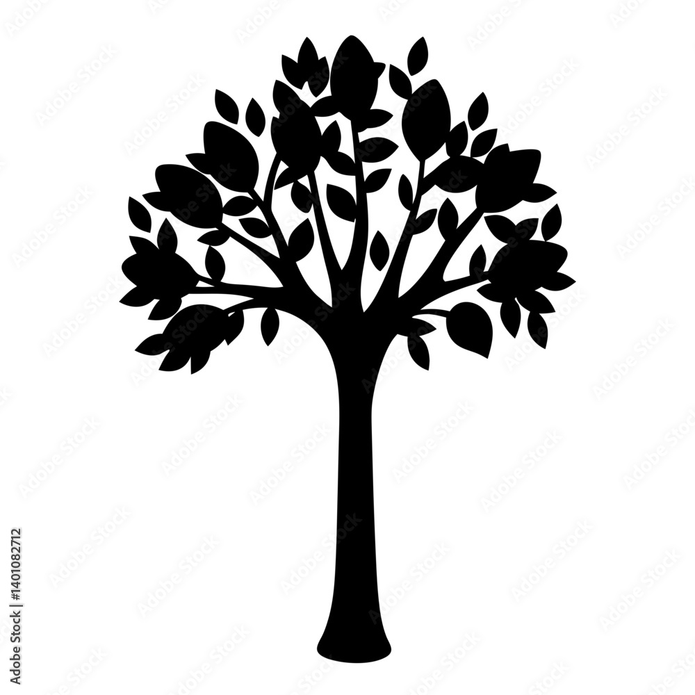 Obraz premium Stylized silhouette illustration of a flourishing tree with a leafy canopy