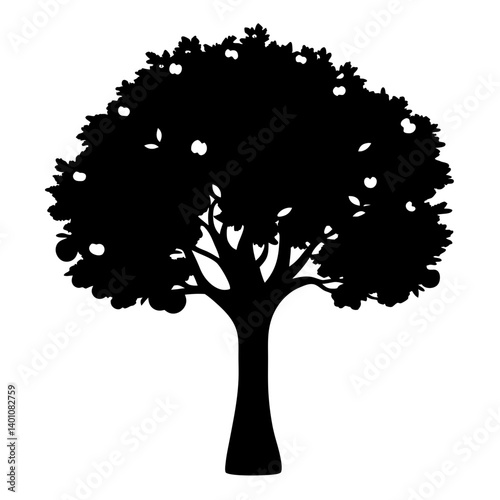 Silhouette of a bountiful apple tree with many fruits on branches