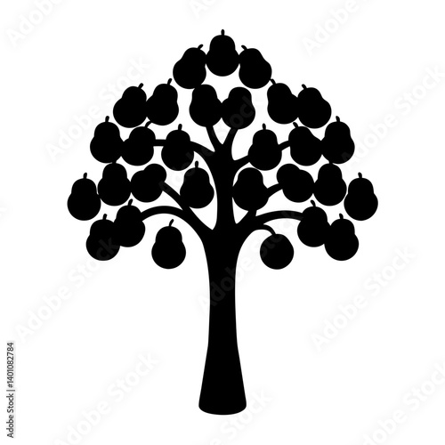 A stylized silhouette of a tree laden with pears in black