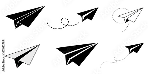 Paper airplane with dotted line vector. Travel symbol. vector illustration, Black Paper Airplane Icon, Simple colorful paper airplane vector illustration ,colorful paper plane illustration in flat. 